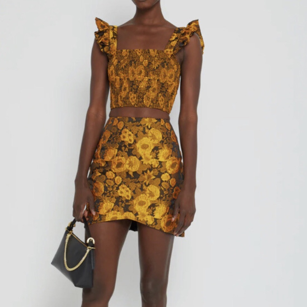 Elegant Floral Yellow and Black Skirt Set